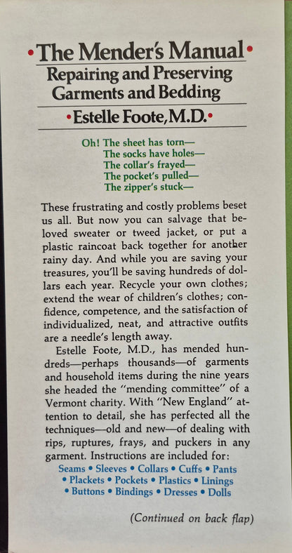 The Mender's Manual: Repairing and Preserving Garments and Bedding by Estelle Foote (Very Good, 1976, HC, 180 pgs, Harcourt Brace Jovanovich, First Edition)