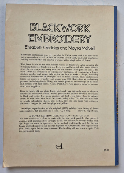 Blackwork Embroidery by Elisabeth Geddes; Moyra McNeill (Very Good, 1976, Pbk, 128 pgs, Dover Pub.)