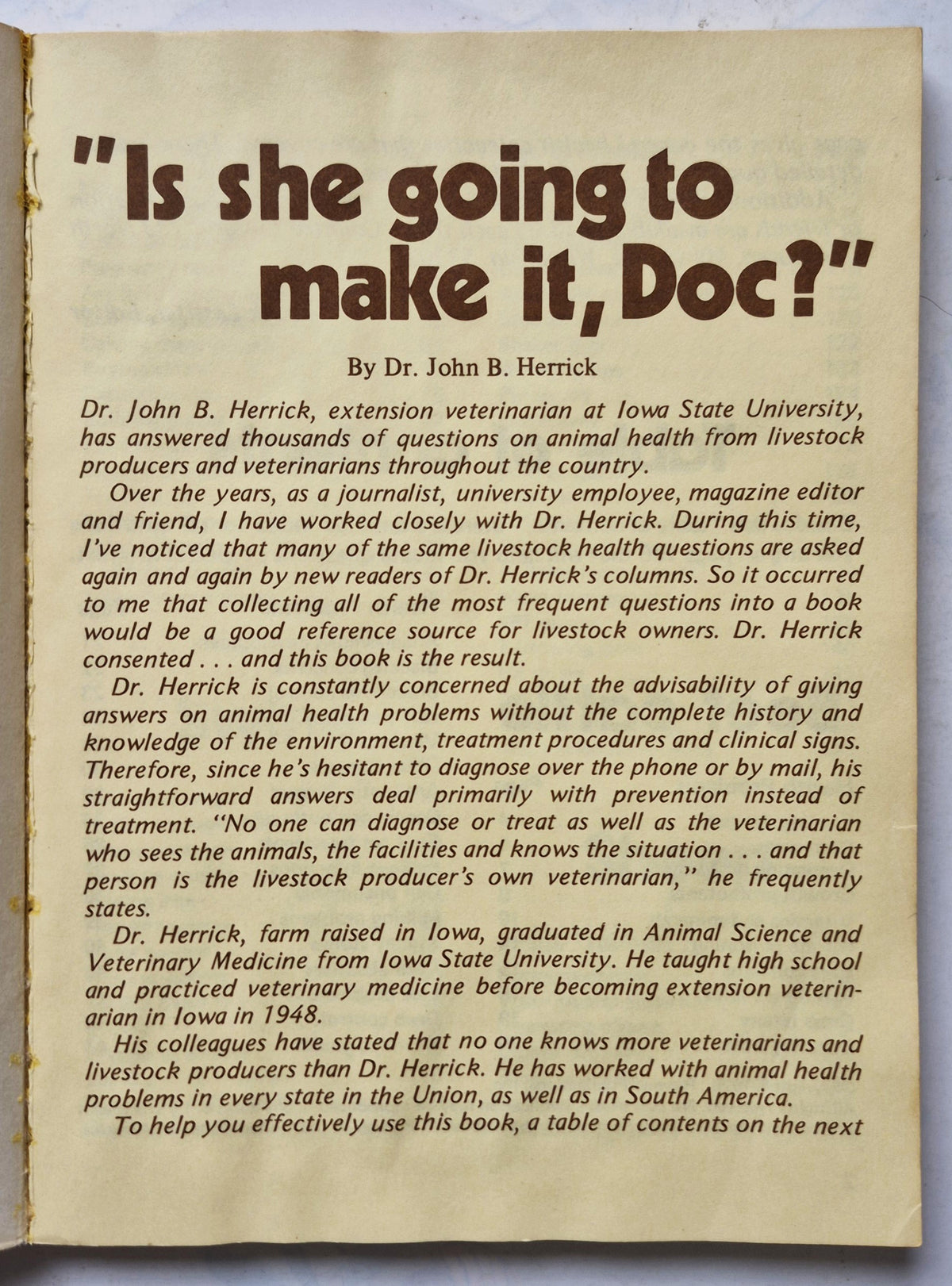 "Is She Going to Make It, Doc?" by Dr. John B. Herrick (Good, 1975, Pbk, 160 pgs, Reiman Pub.)