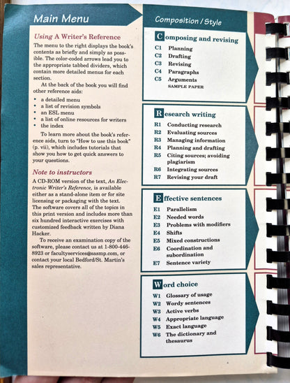 A Writer's Reference Fourth Edition by Diana Hacker (Very Good, 1999, Pbk, Bedford/St. Martin's)