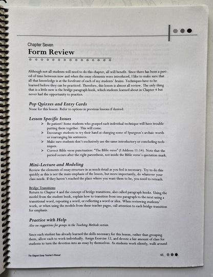 The Elegant Essay Teacher's Manual by Lesha Myers (Good, 2013, Pbk, 101 pgs, Institute for Excellence in Writing)