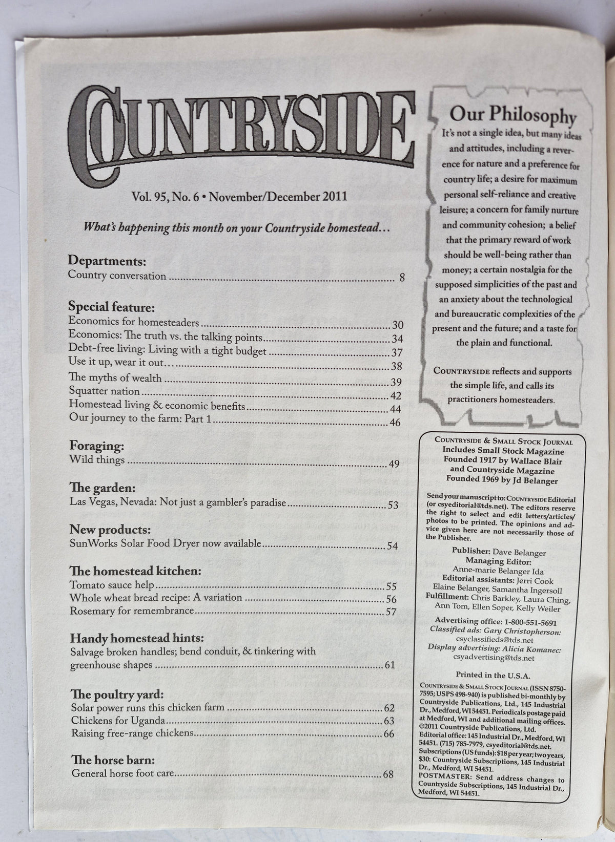 Countryside & Small Stock Journal Set: Volume 95 No.1-6 Jan-Dec (2011, Very good)