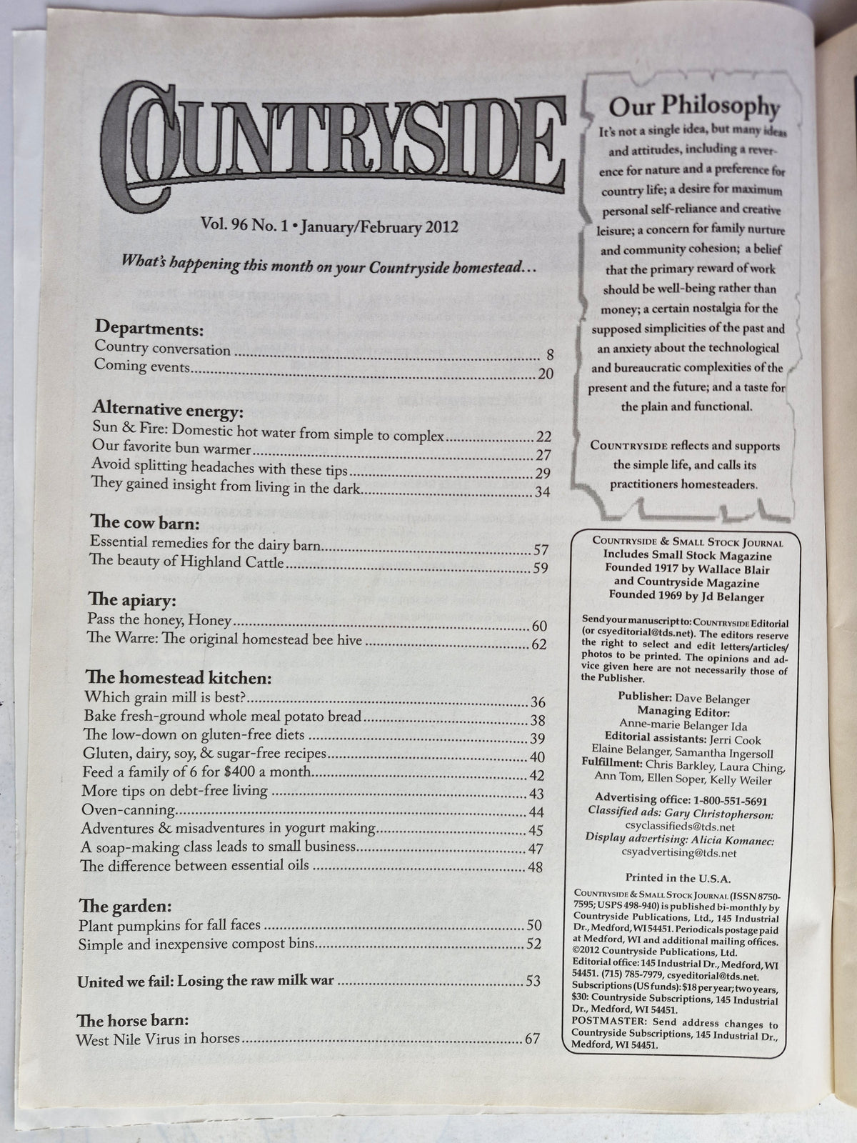 Countryside & Small Stock Journal Set: Volume 96 No. 1-6 Jan-Dec (2012, Very good)