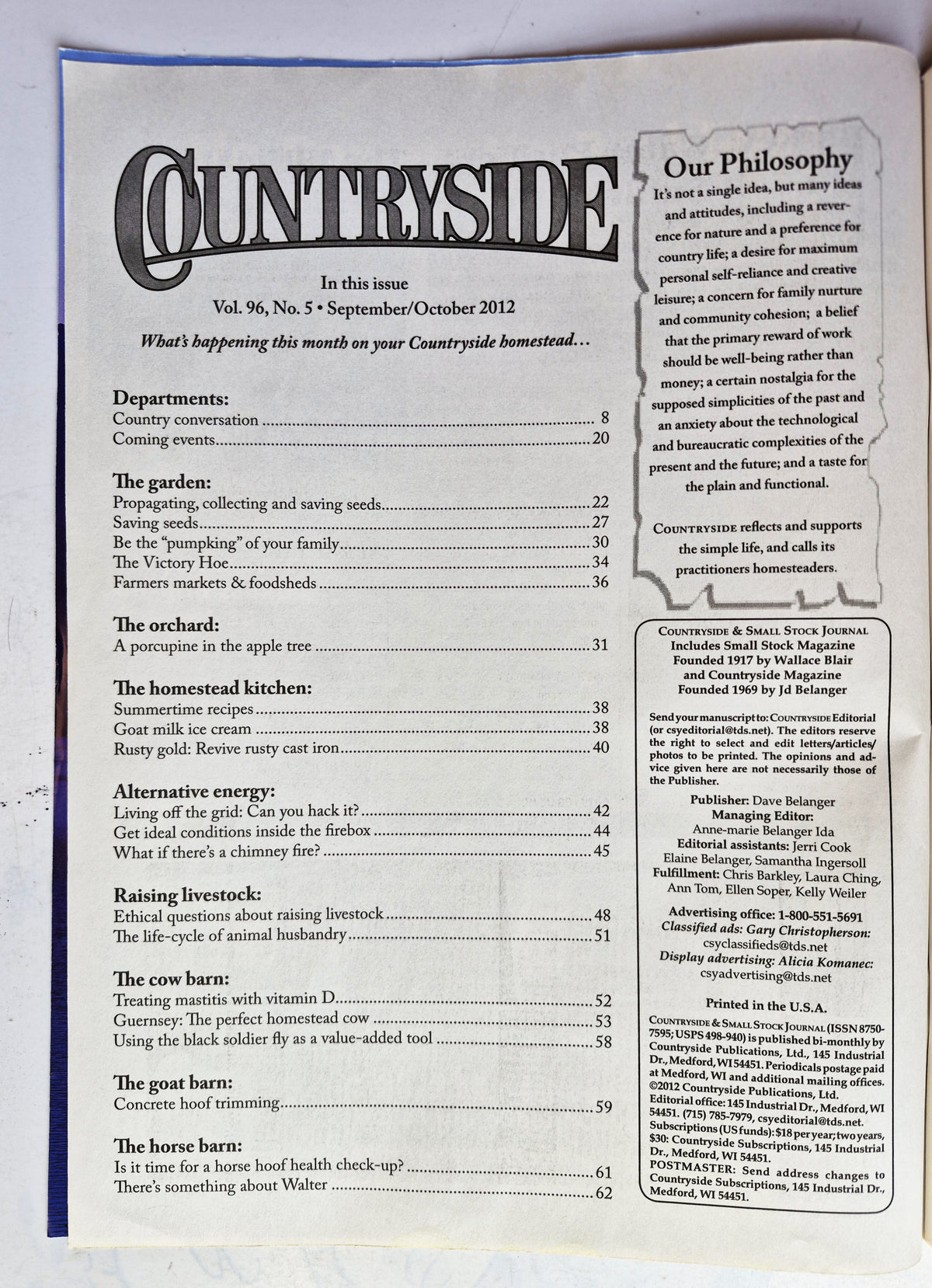 Countryside & Small Stock Journal Set: Volume 96 No. 1-6 Jan-Dec (2012, Very good)