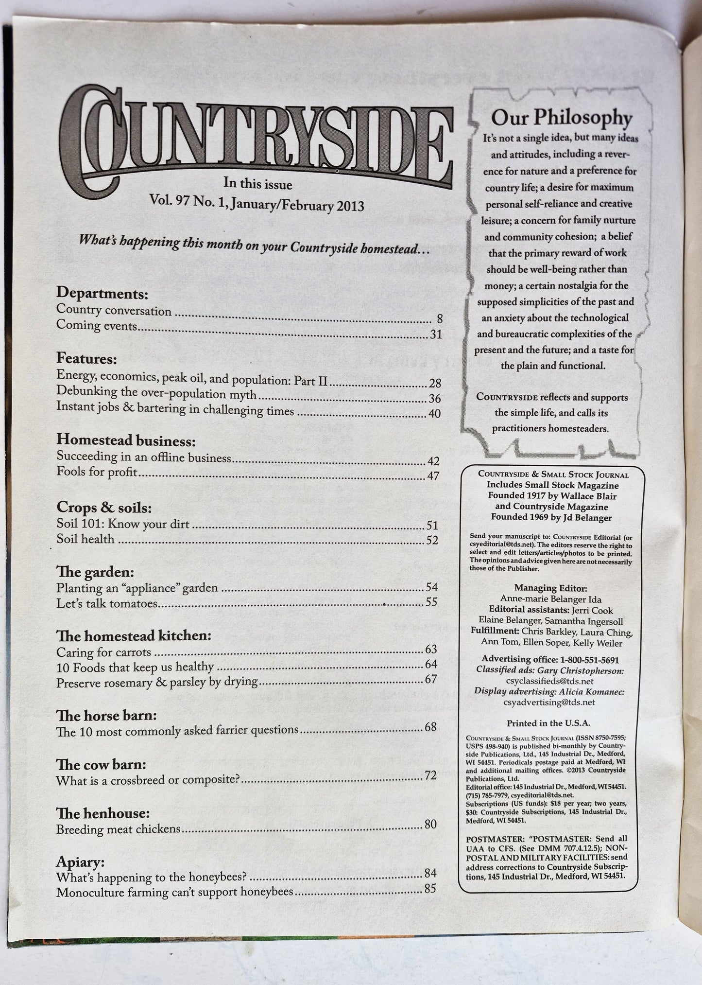 Countryside & Small Stock Journal Set: Volume 97 No. 1-4 Jan-Aug (2013, Very good)