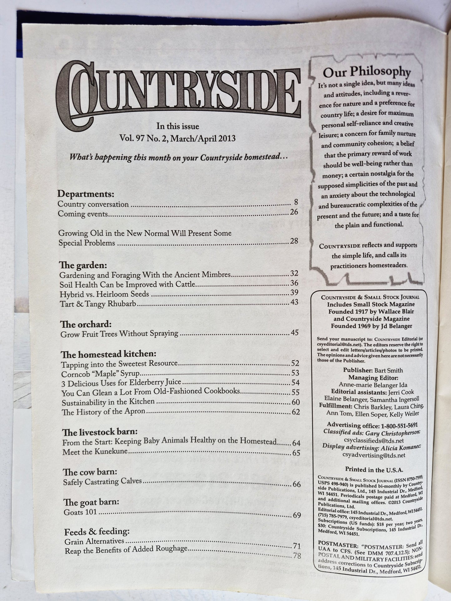 Countryside & Small Stock Journal Set: Volume 97 No. 1-4 Jan-Aug (2013, Very good)