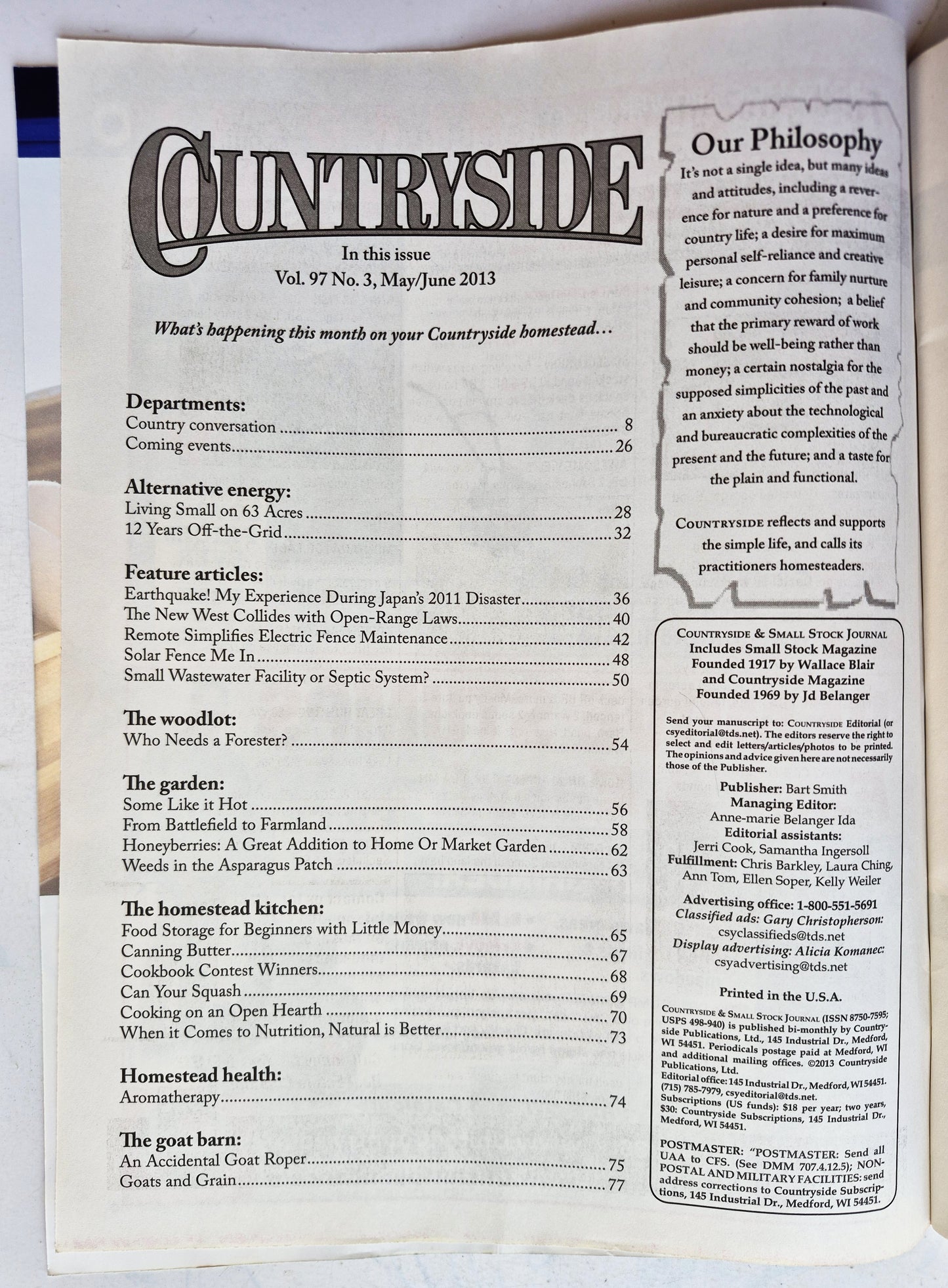 Countryside & Small Stock Journal Set: Volume 97 No. 1-4 Jan-Aug (2013, Very good)