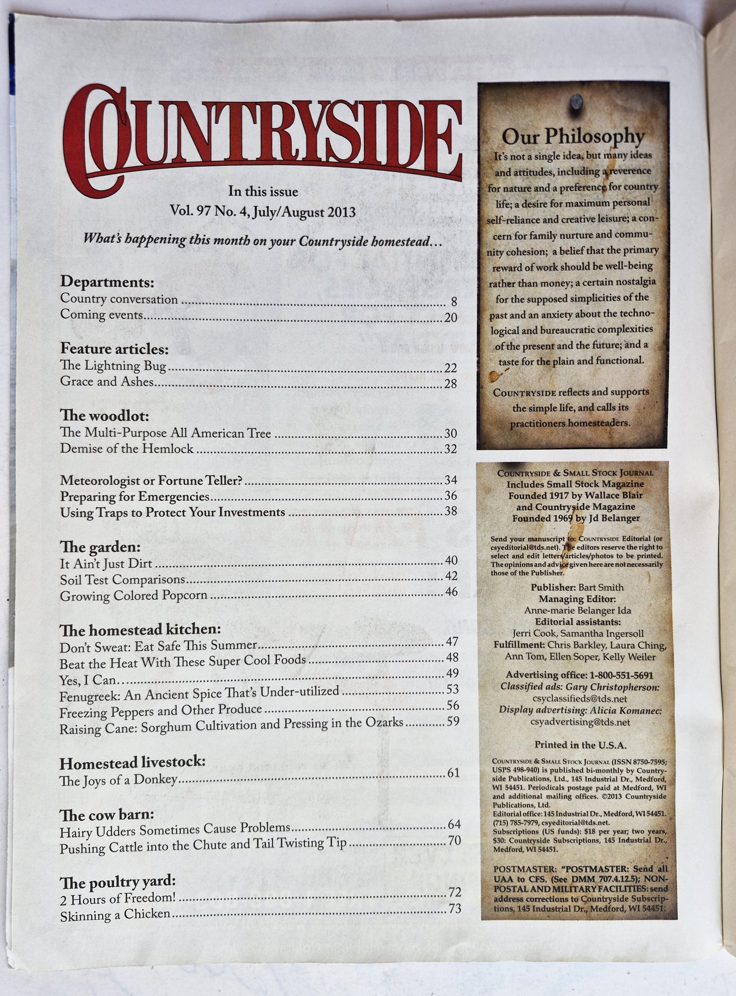 Countryside & Small Stock Journal Set: Volume 97 No. 1-4 Jan-Aug (2013, Very good)
