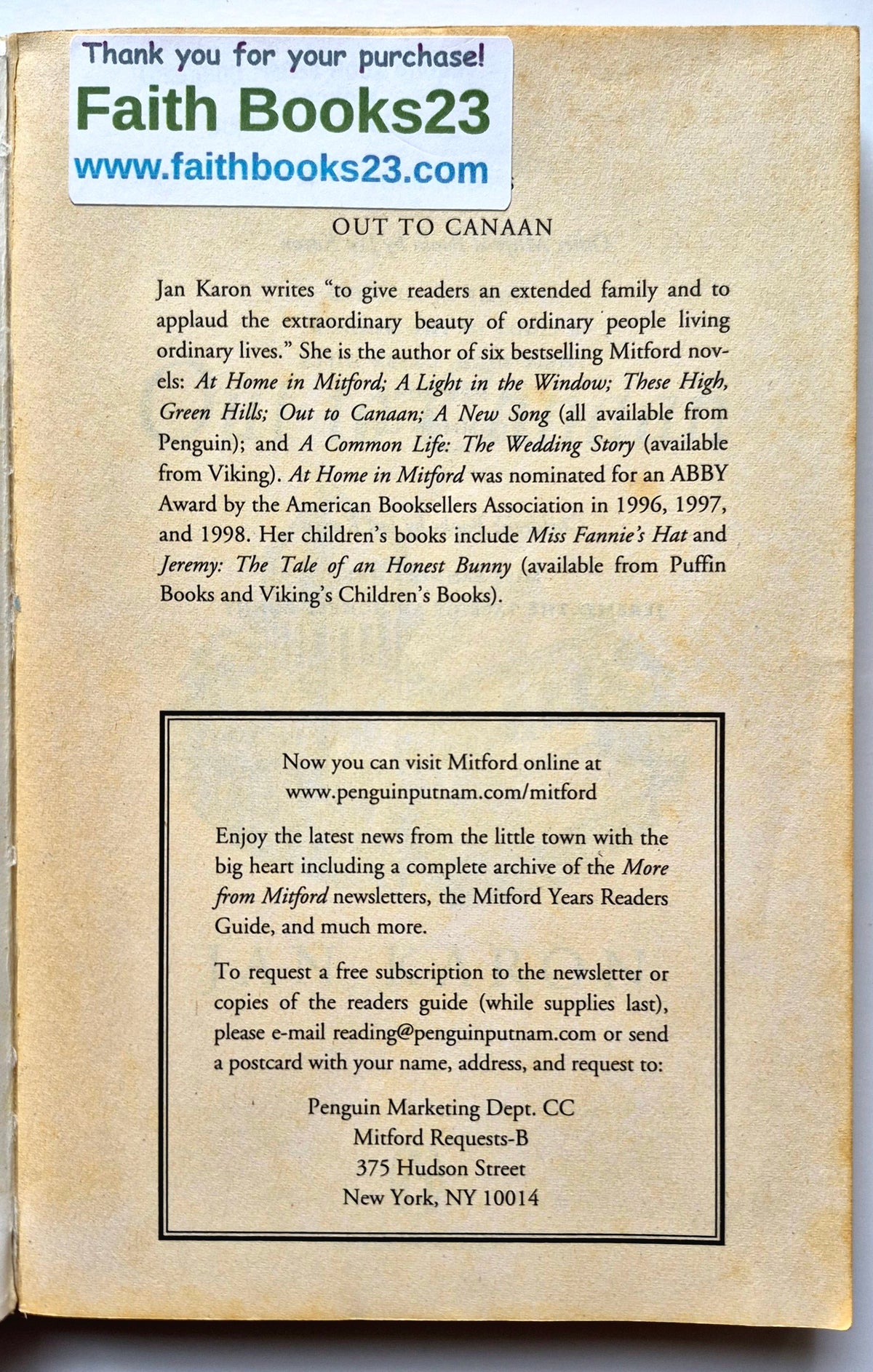 Out to Canaan von Jan Karon (Mitford Years #4, Gut, 1997, Taschenbuch, 352 Seiten, Penguin)