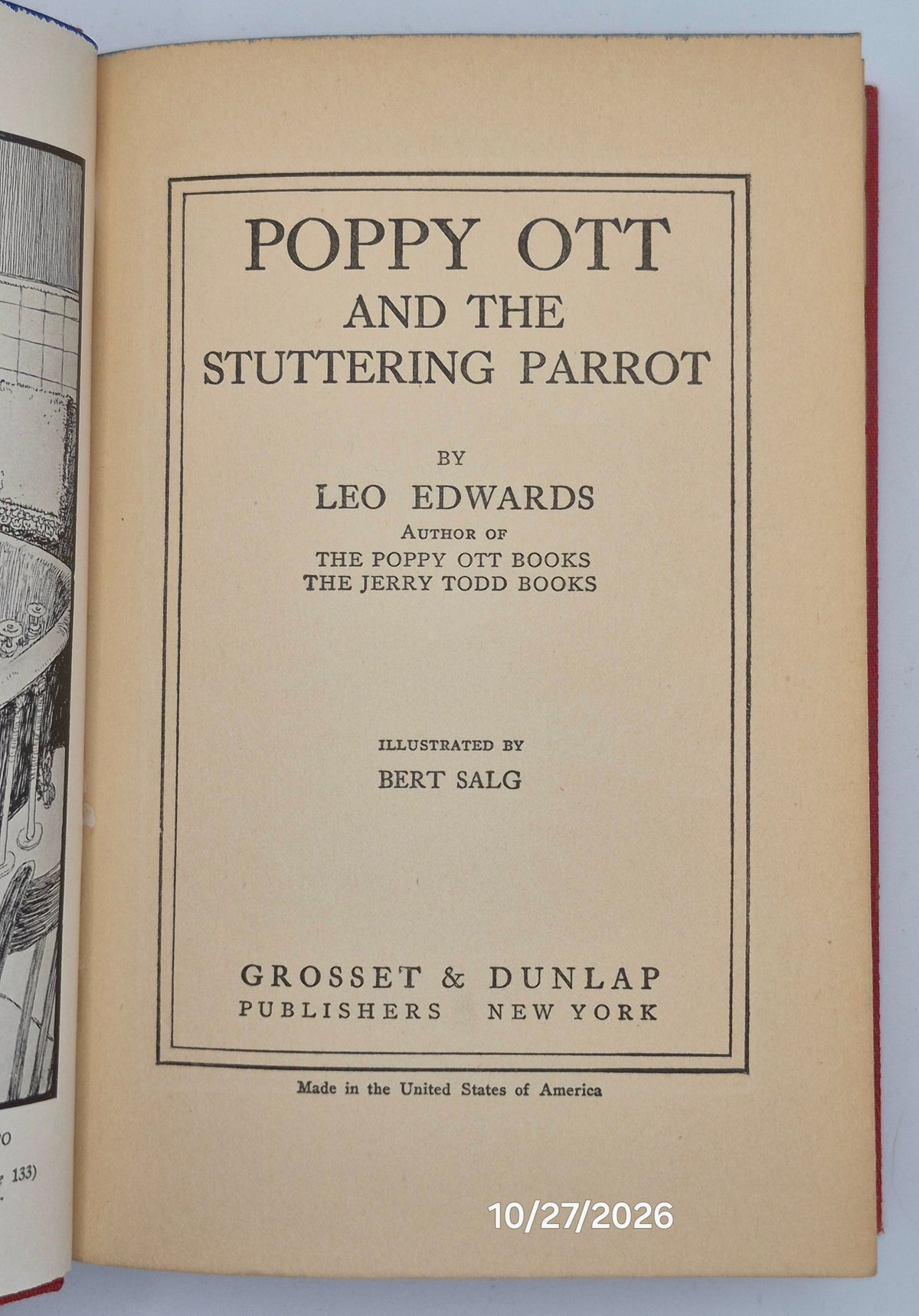 Poppy Ott and the Stuttering Parrot by Leo Edwards; Bert Salg (Good, 1926, HC, 220 pgs, Grosset & Dunlap)
