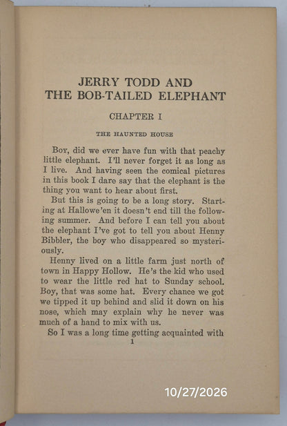 Jerry Todd and the Bob-Tailed Elephant by Leo Edwards; Bert Salg (Good, 1929, HC, 235 pgs, Grosset & Dunlap)