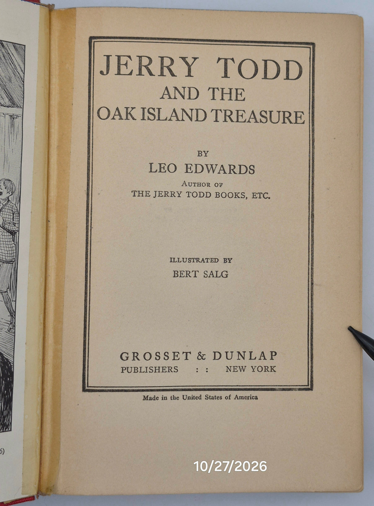Jerry Todd and the Oak Island Treasure by Leo Edwards; Bert Salg (Good, 1925, HC, 233 pgs, Grosset & Dunlap)