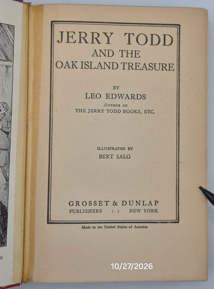 Jerry Todd and the Oak Island Treasure by Leo Edwards; Bert Salg (Good, 1925, HC, 233 pgs, Grosset & Dunlap)