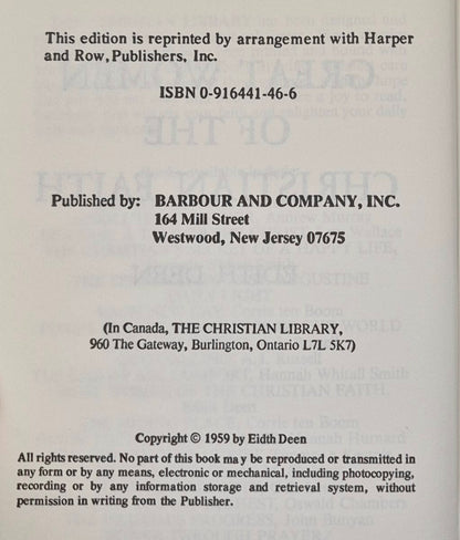 Great Women of the Christian Faith by Edith Deen (Very good, 1959, HC, 410 pgs, Barbour and Co.)