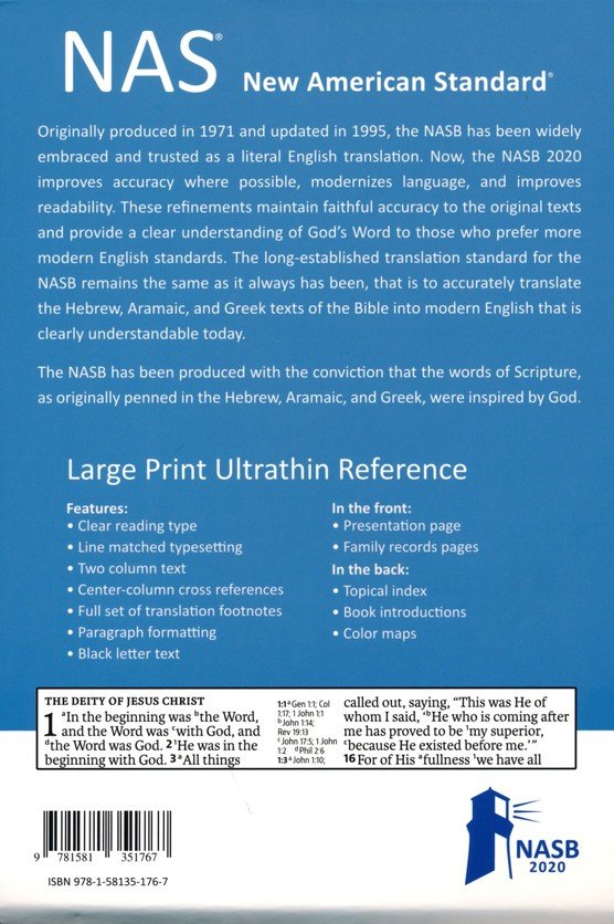 NASB Large Print Ultrathin Reference Bible (New, 2020, Imitation Leather, 1472 pgs, Lockman Foundation)