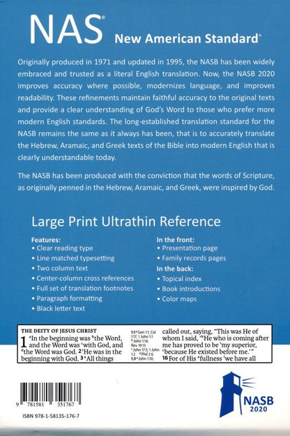 NASB Large Print Ultrathin Reference Bible (New, 2020, Imitation Leather, 1472 pgs, Lockman Foundation)