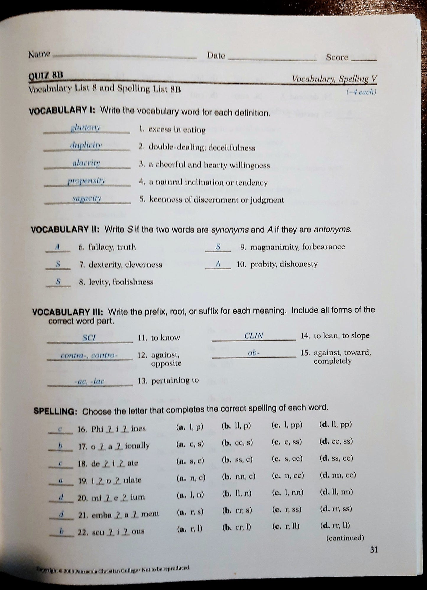 Abeka 11th grade Vocabulary Spelling V 4th ed Teacher Key; Quiz Key; Workbook V