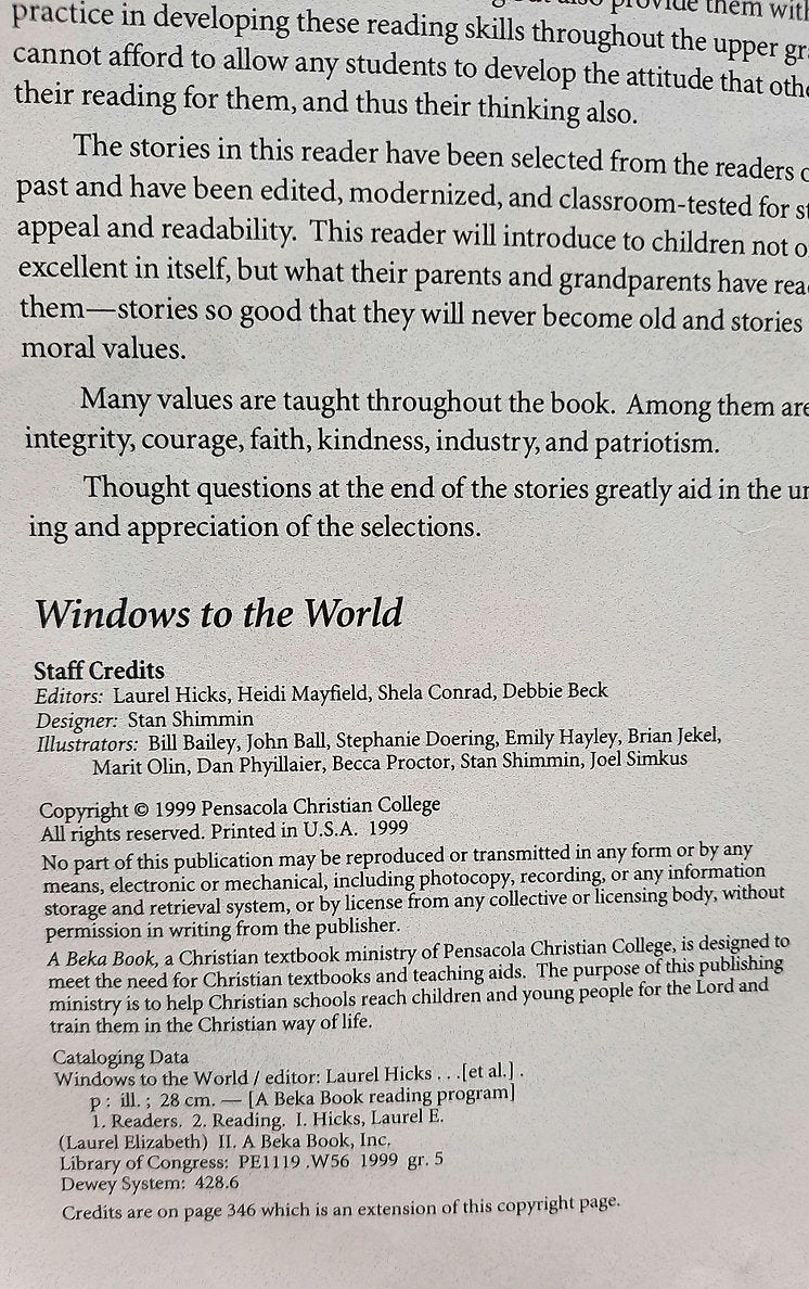 Abeka Windows to the World 5.2 Reader (Very good, 1999, PBk, 346 pages, A Beka Homeschool)