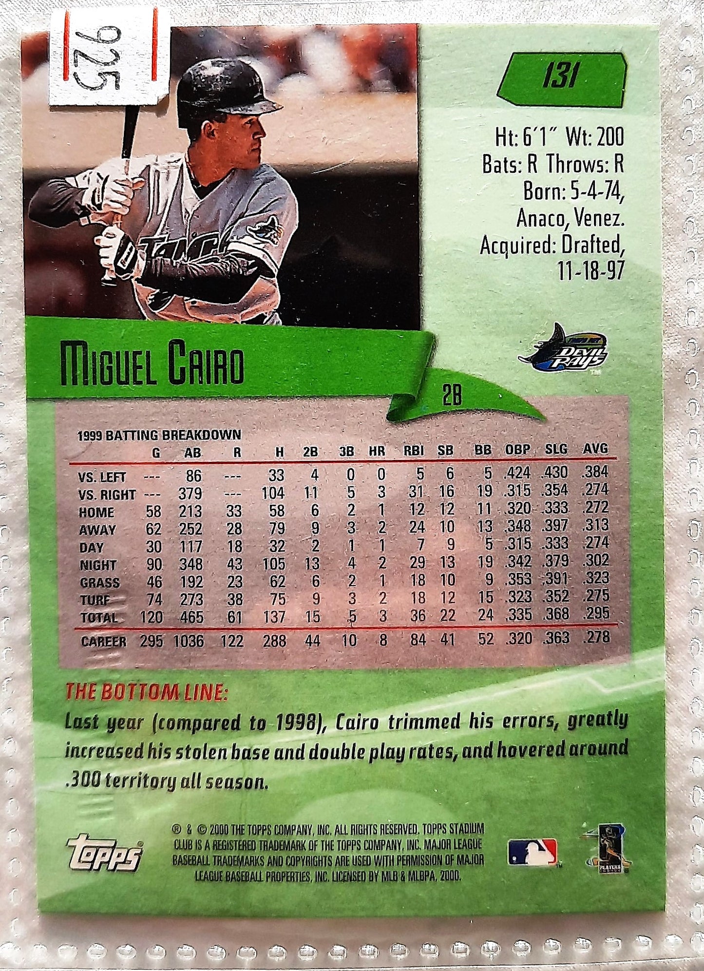 2000 Stadium Club Miguel Cairo Tampa Bay Devil Rays #131 Baseball Card TOPPS