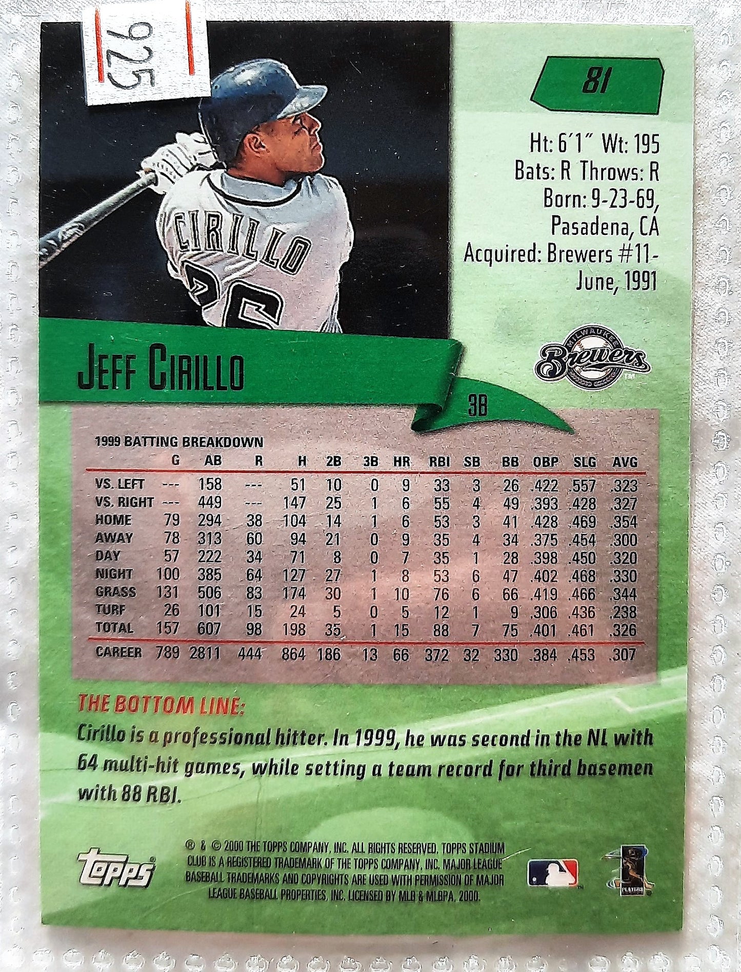 2000 Stadium Club Jeff Cirillo Milwaukee Brewers #81 Baseball Card TOPPS