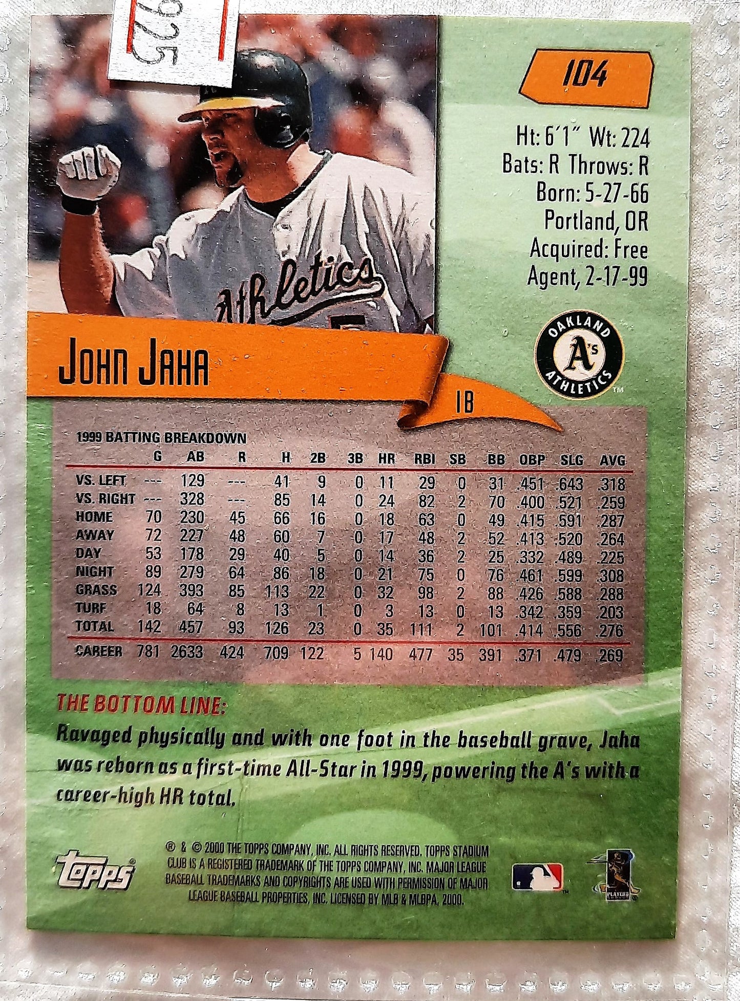 2000 Stadium Club John Jaha Oakland Athletics #104 Baseball Card TOPPS