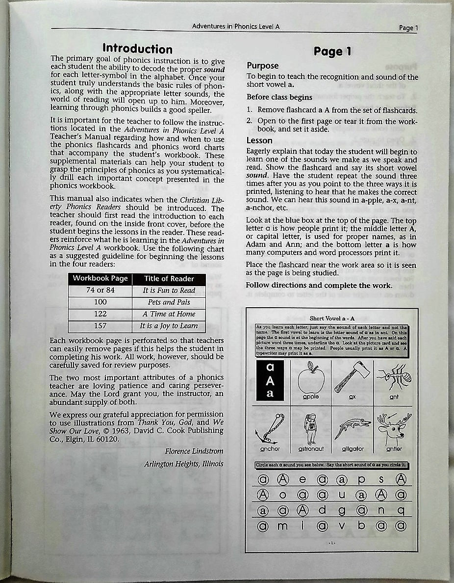 Adventures in Phonics Teacher's Manual A by Florence Lindstrom (VG, 2001, Pbk, 108 pages, Christian Liberty Press)