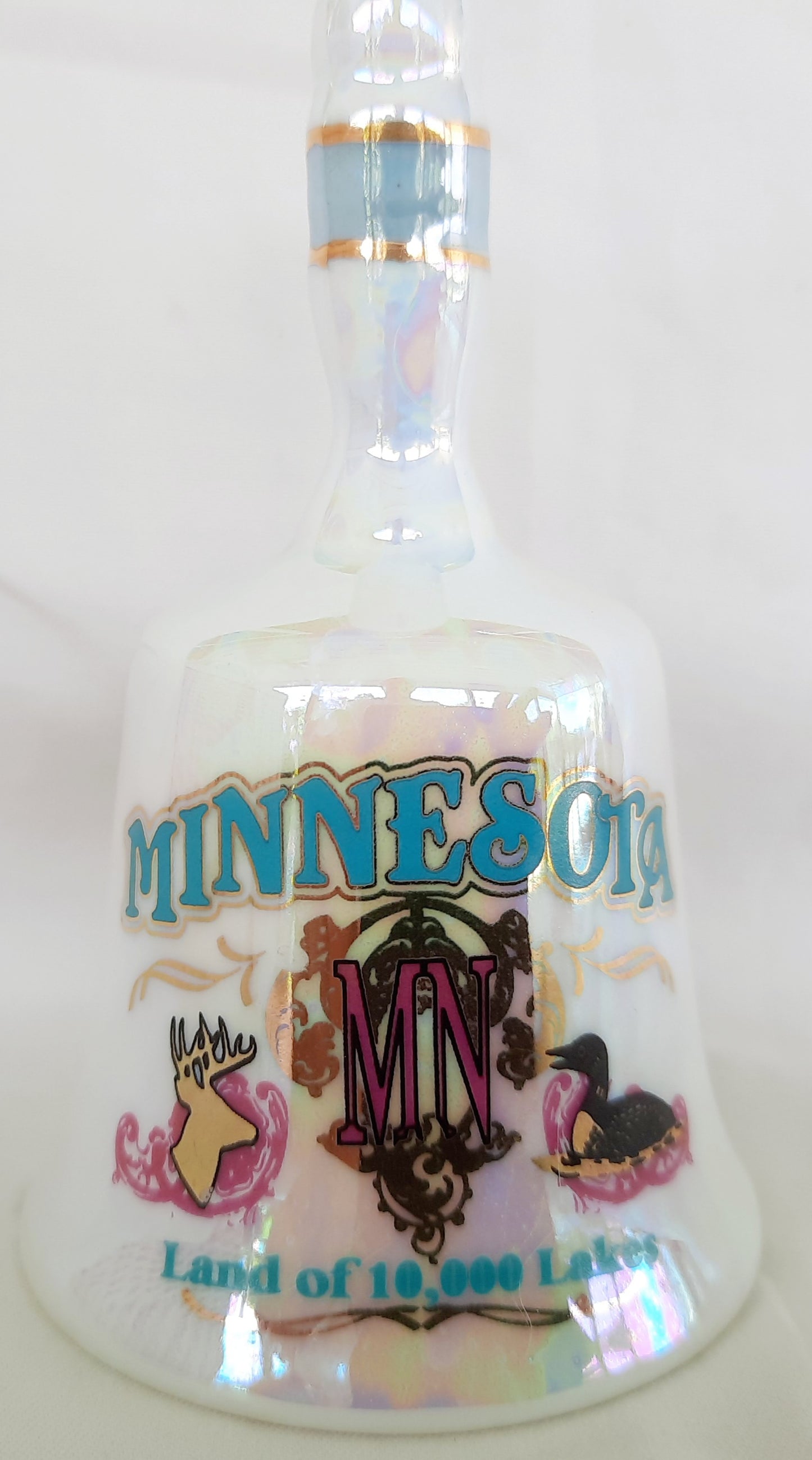 Minnesota Land of 10,000 Lakes Souvenir Bell Iridescent Finish & clapper 3 1/2"