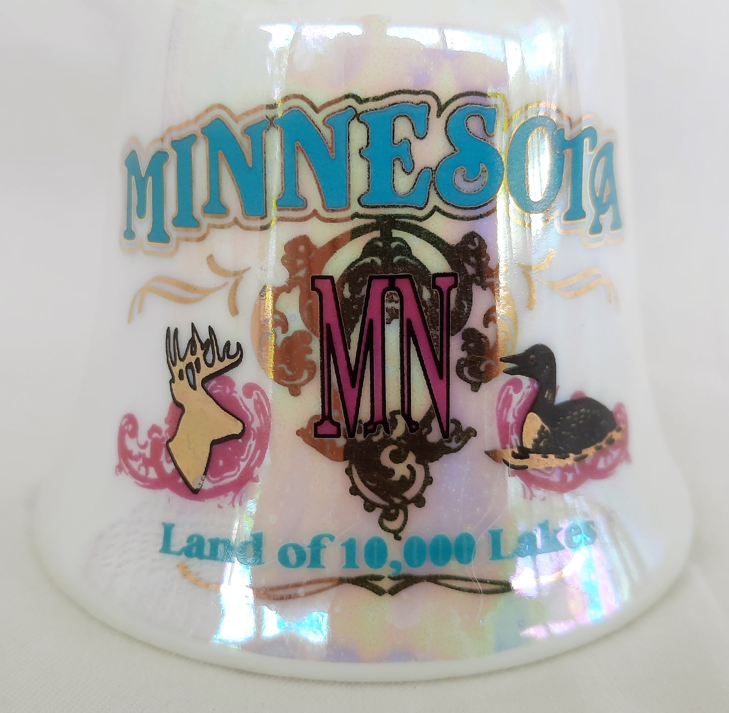 Minnesota Land of 10,000 Lakes Souvenir Bell Iridescent Finish & clapper 3 1/2"