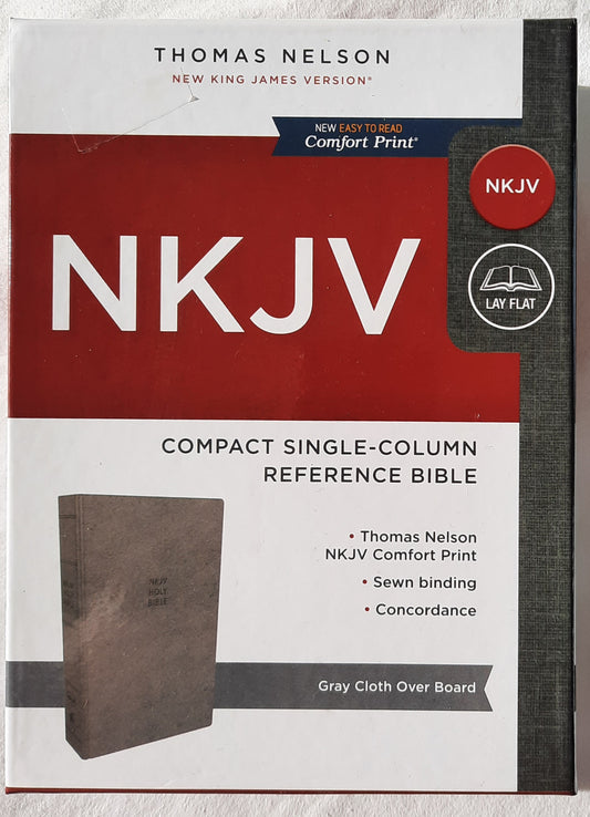 NKJV Compact Single Column Reference Bible (New, 2018, Cloth over Board-Gray, Comfort Print, 2032 pgs, Thomas Nelson)