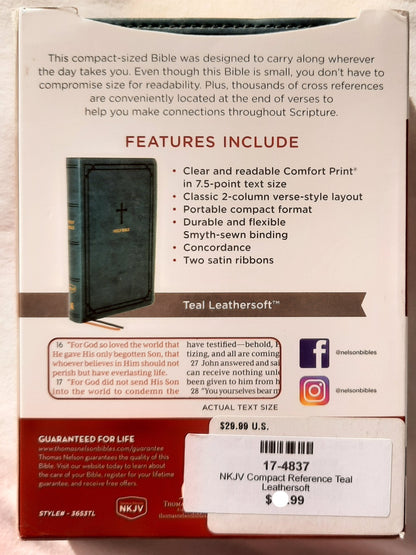 NKJV Compact Reference Bible Teal Leathersoft (New, 2020, Leathersoft, 1856 pages, Thomas Nelson)