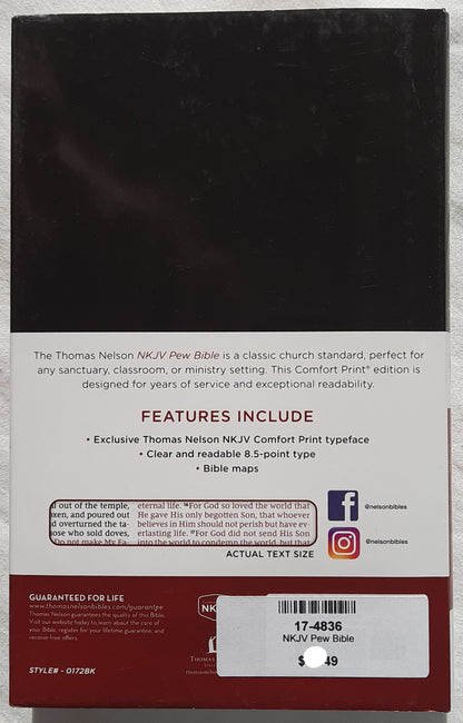 NKJV Pew Bible (New, Black Cover, 2018, HC, 880 pages, Thomas Nelson, Red Letter)