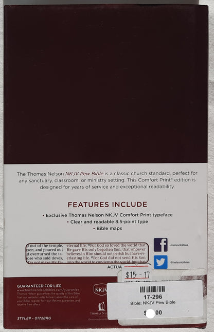 NKJV Pew Bible (New, 2018, HC, Burgundy, 880 pages, Thomas Nelson, Red letter)