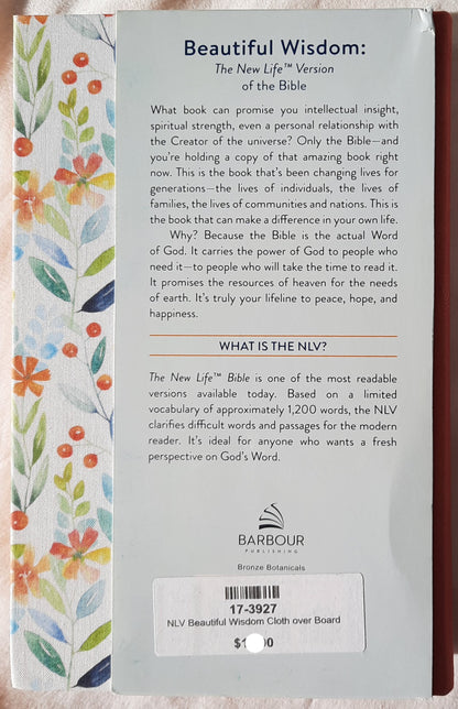 NLV Beautiful Wisdom [Bronze Botanicals] Cloth Over Board Bible (New, 2003, HC, 931 pages, Barbour)