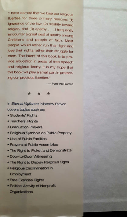 Eternal Vigilance: Knowing And Protecting Your Religious Freedom by Mathew D. Staver (HC, VG, 2005)