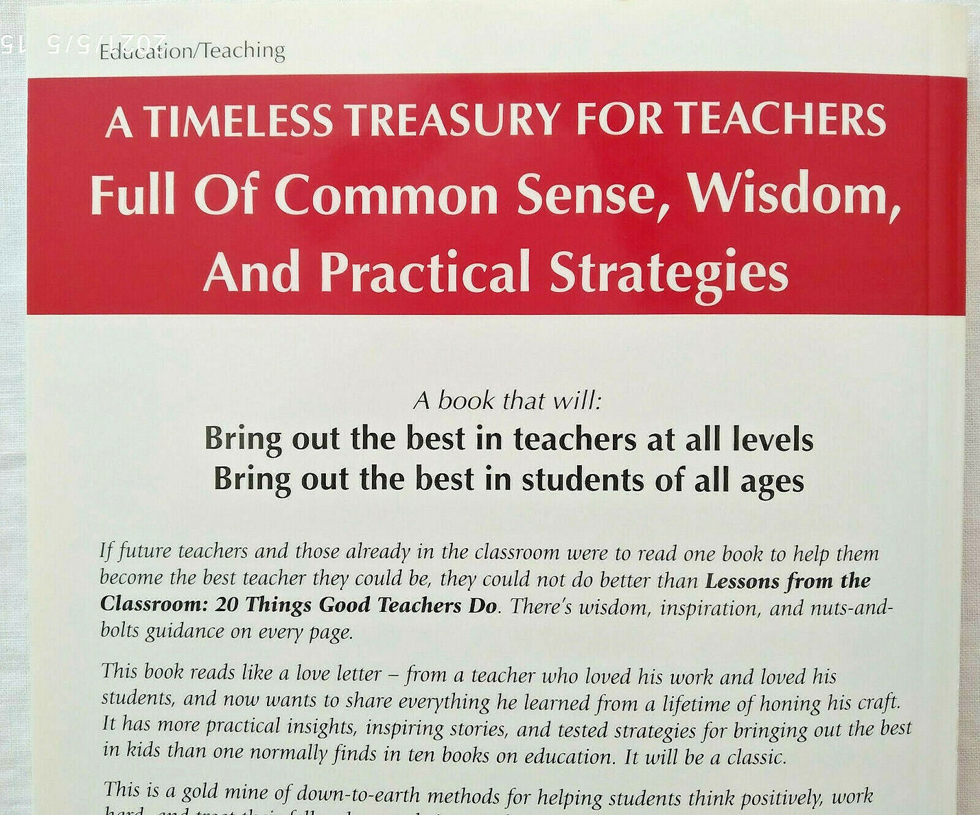 Lessons From the Classroom: 20 Things Good Teachers Do by Hal Urban (Very Good, 2008, PBK, 248 pages, Great Lessons Press)