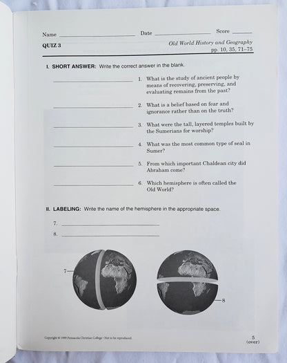Abeka Old World History & Geography Quizzes Grade 5 (Like new, 2005, Pbk, 71 pages)
