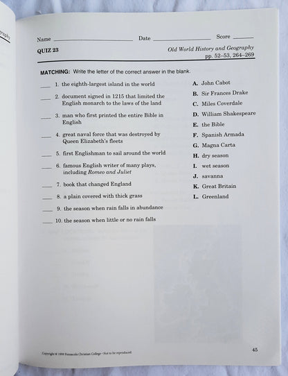 Abeka Old World History & Geography Quizzes Grade 5 (Like new, 2005, Pbk, 71 pages)