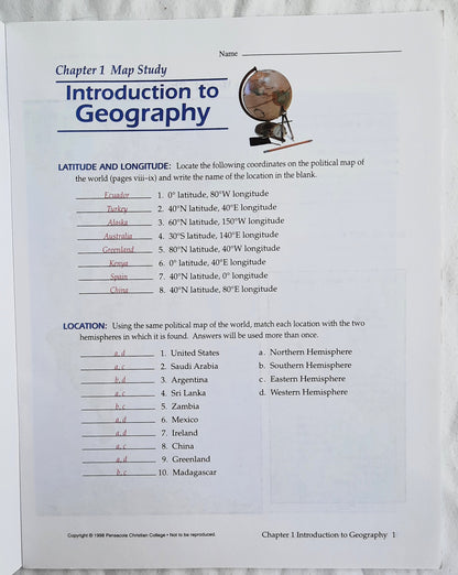 Abeka World Geography Map Studies Teacher Key (Very Good, 2005, Pbk, 45 pages)