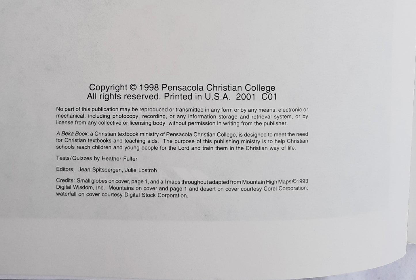 Abeka World Geography Tests/Quizzes (Like new [unmarked], 2010, Pbk, 82 pages, A Beka)