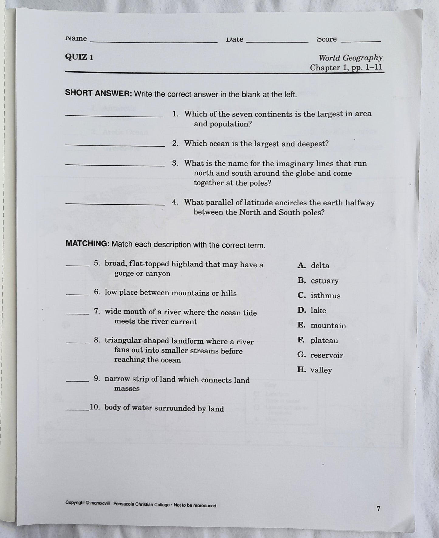 Abeka World Geography Tests/Quizzes (Like new [unmarked], 2010, Pbk, 82 pages, A Beka)