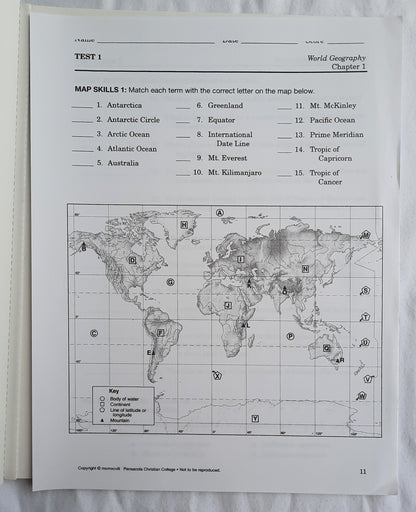 Abeka World Geography Tests/Quizzes (Like new [unmarked], 2010, Pbk, 82 pages, A Beka)