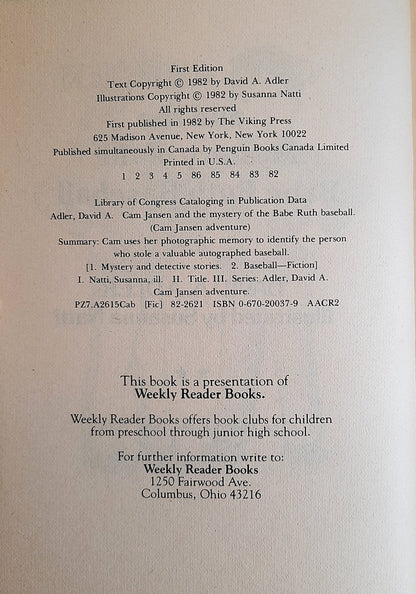 Cam Jansen und das Geheimnis des Babe-Ruth-Baseballs von David A. Adler (Gut, 1982, gebunden, 57 Seiten, Weekly Reader Books)
