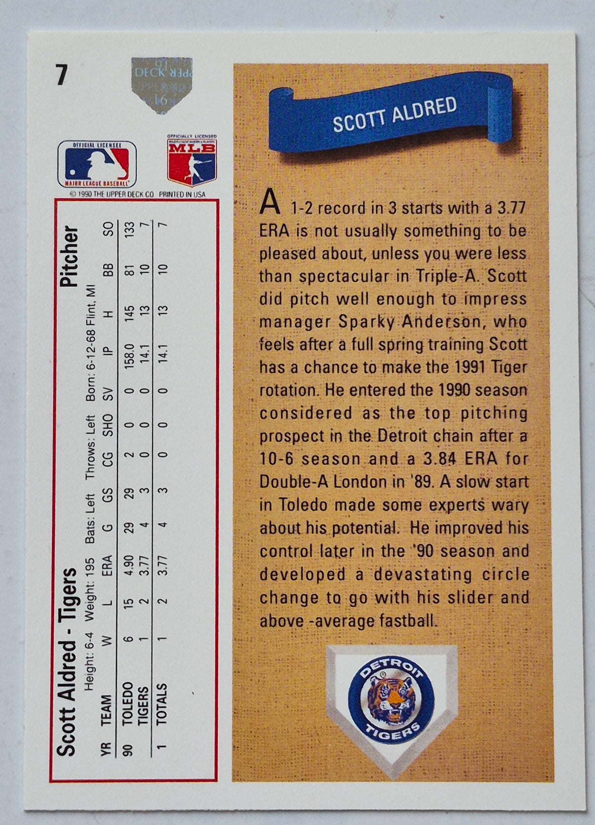 Aldred Scott Detroit Tigers Pitcher #7 Upper Deck 1991 Baseball Card