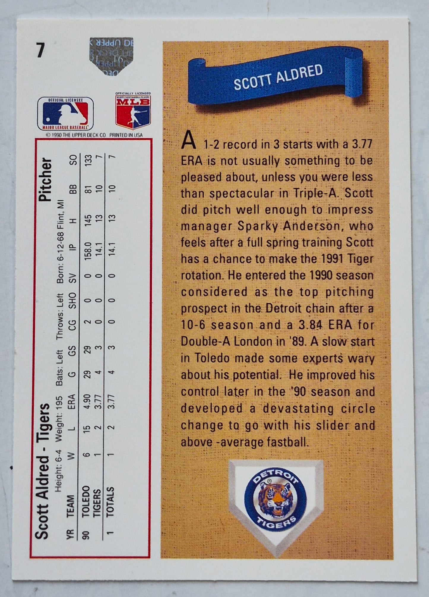 Aldred Scott Detroit Tigers Pitcher #7 Upper Deck 1991 Baseball Card