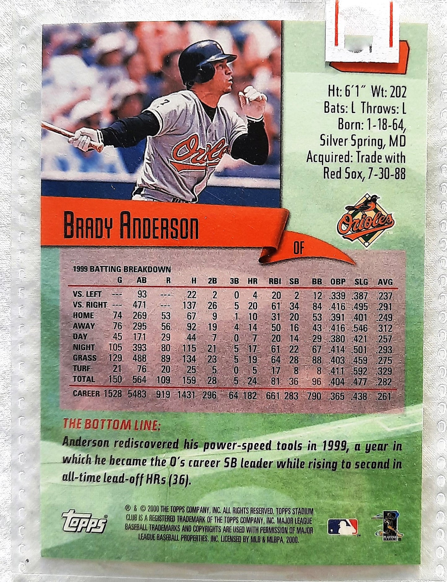 2000 Stadium Club Brady Anderson Baltimore Orioles #94 Baseball Card TOPPS