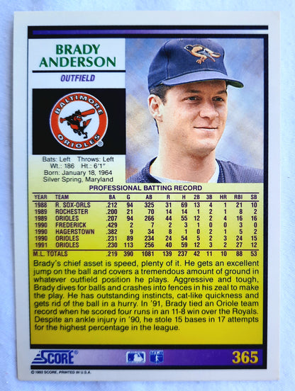 Score '92 Brady Anderson Baltimore Orioles Outfield #365 Baseball Card Near Mint