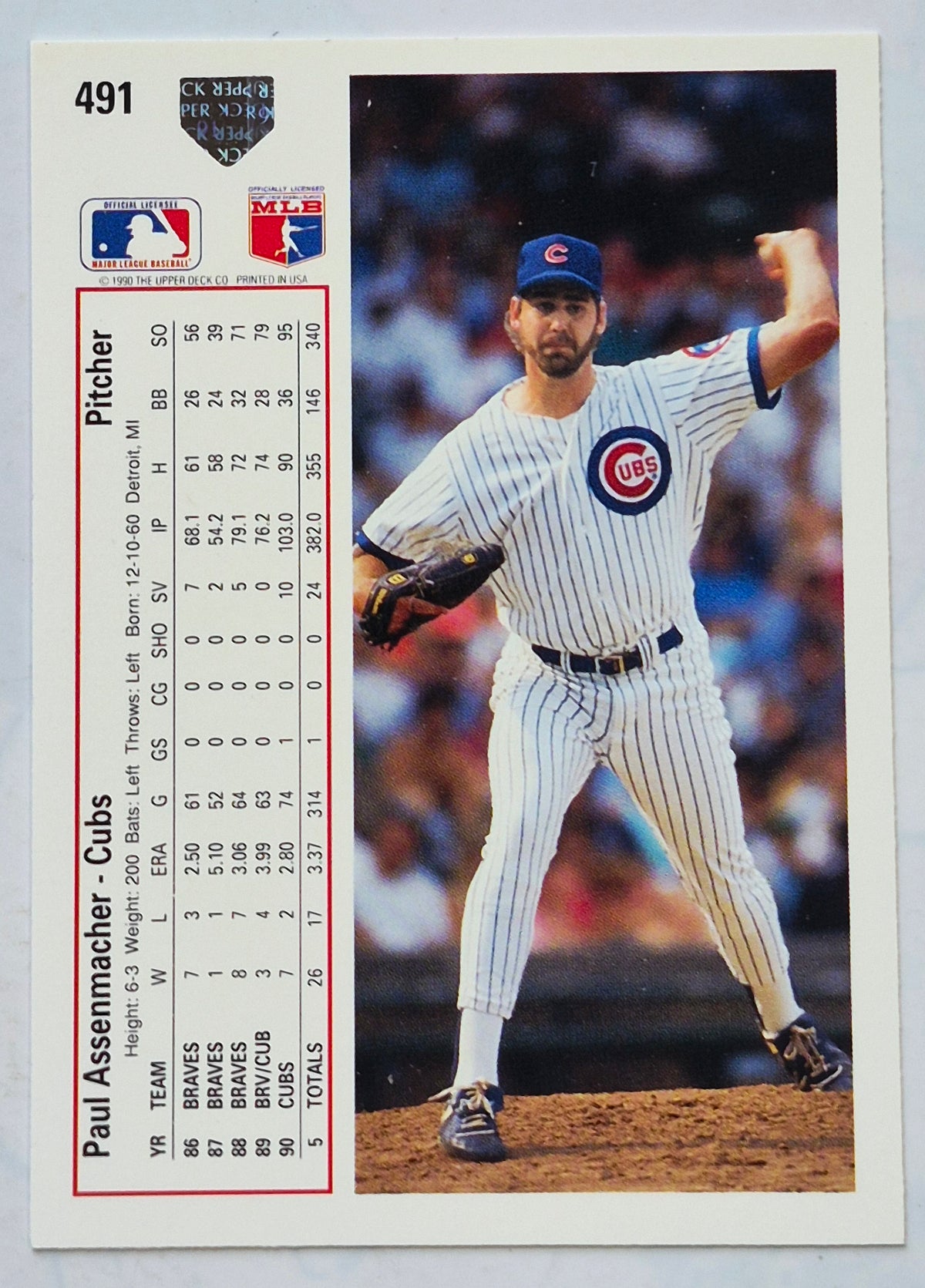 Assenmacher Paul Chicago Cubs Pitcher #491 Upper Deck 1991 Baseball Card