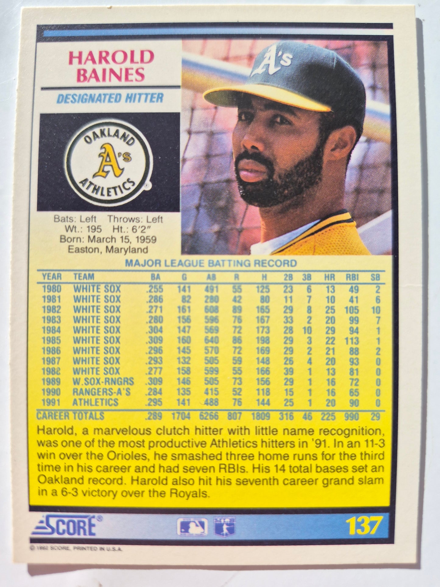 Bewertung '92 Harold Baines #137 Oakland Athletics Designated Hitter Baseballkarte Near Mint