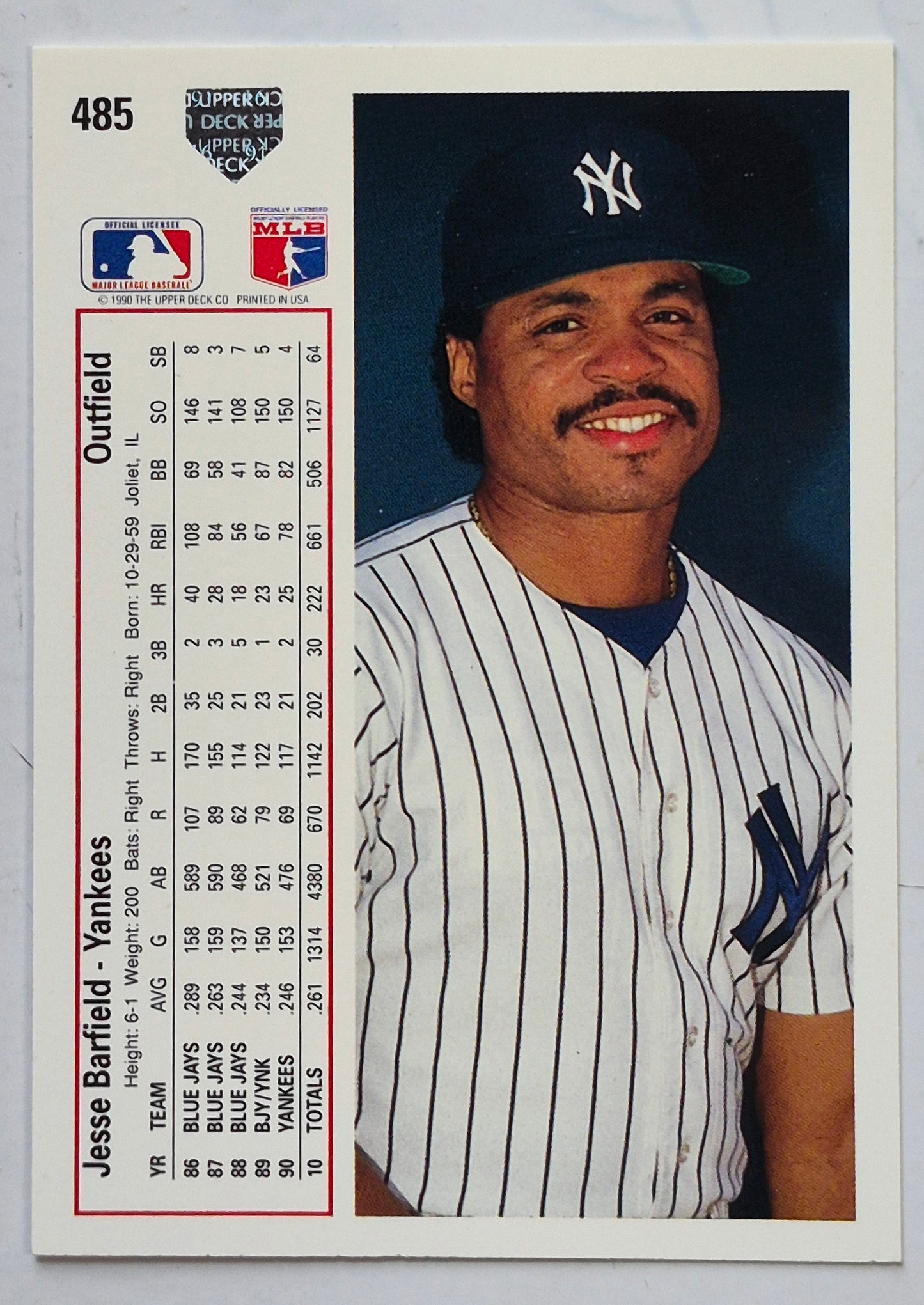 Barfield Jesse New York Yankees Outfield #485 Upper Deck 1991 Baseball Card