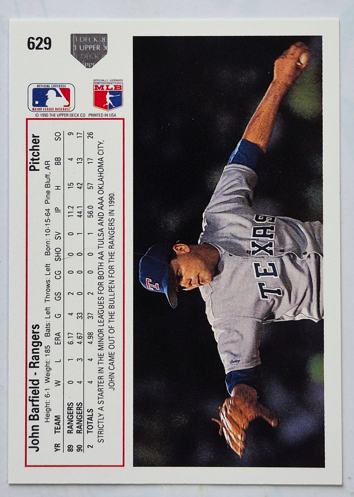 Barfield John Texas Rangers Pitcher #629 Upper Deck 1991 Baseball Card